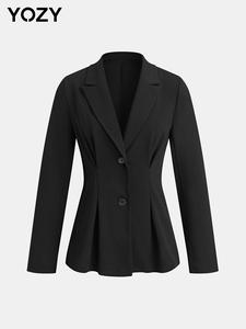 YOZY Women's Solid Plicated Button Front Blazer, Elegant Long Sleeve Lapel Neckline Blazer for Work Office Business, Ladies Clothes for All Seasons