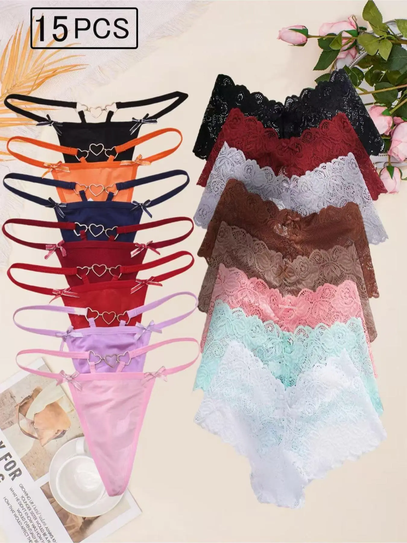 Women's Ring Linked Thongs & Bow Front Lace Panty Set, Ladies Underwear for All Seasons