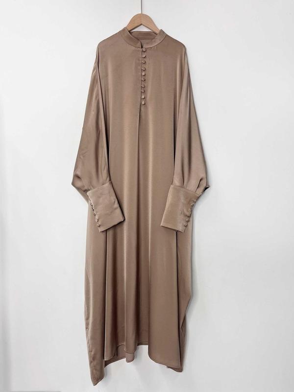 Arabic Clothing-Solid Button Front Batwing Sleeve Kaftan, Modest Mock Neck Long Sleeve Maxi Dress for Women, Women's Islamic Clothing for Spring, Modest Muslim Clothes 3