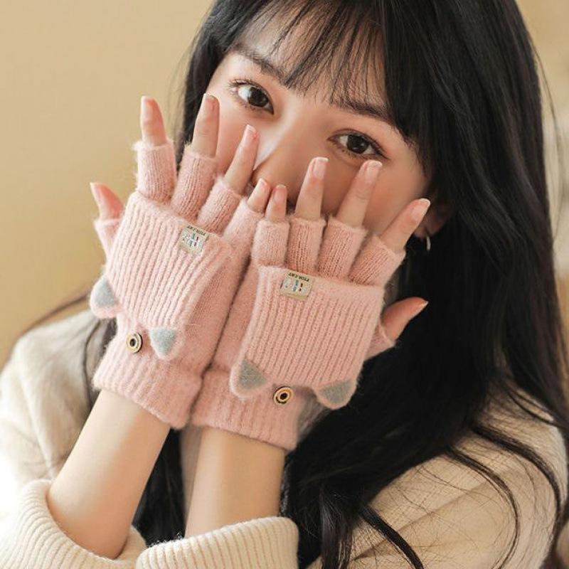 Product Introduction of Soft Flip Fingerless Winter Warm Gloves For Women Girl Elastic Knitted Mittens 3