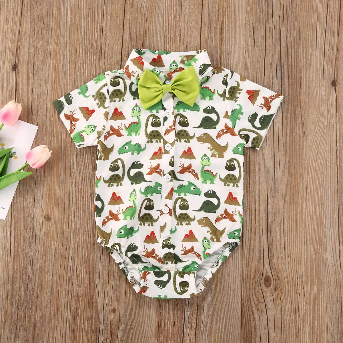 Newborn Baby Boys Jumpsuit, Casual Short Sleeve Cartoon Printed Romper+Solid Color Bow Tie