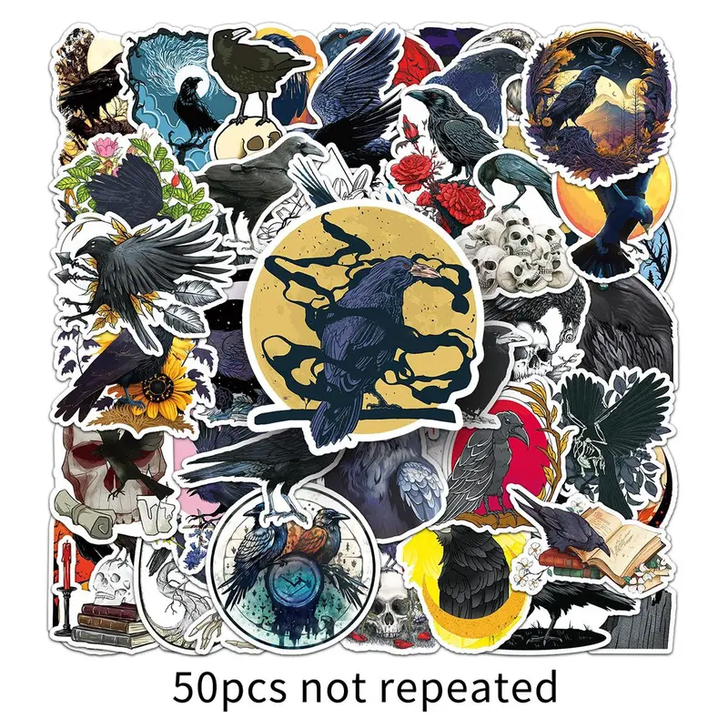 Crow Pattern Car Sticker, 50pcs/set Waterproof Self Adhesive Decor Paper, Decor Sticker for Gift Greeting Card Water Bottle Laptop Phone Case 8