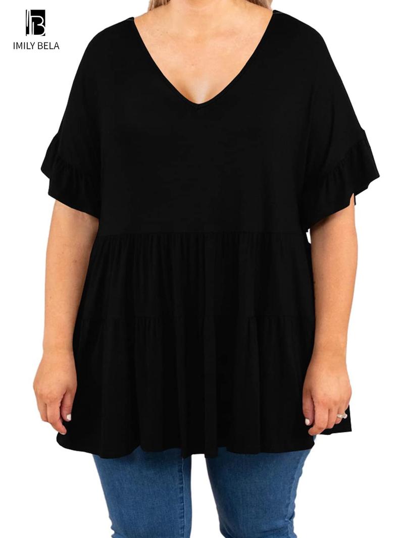 Product Introduction of 【Plus Size】 Solid V Neck Tee, Casual Short Sleeve T-shirt for Summer, Women's Clothing for Daily Wear 2