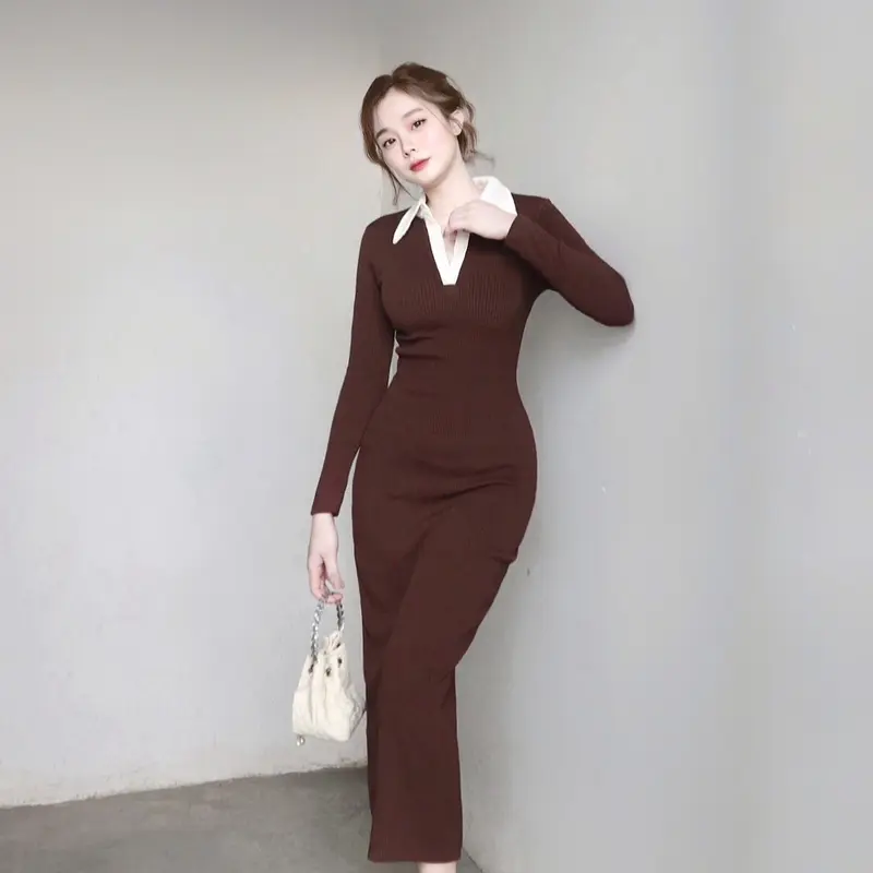 Đầm Nữ Cổ Trụ Phối Màu Tay Dài Chất Len Tăm Co Giãn KA11  Women 4