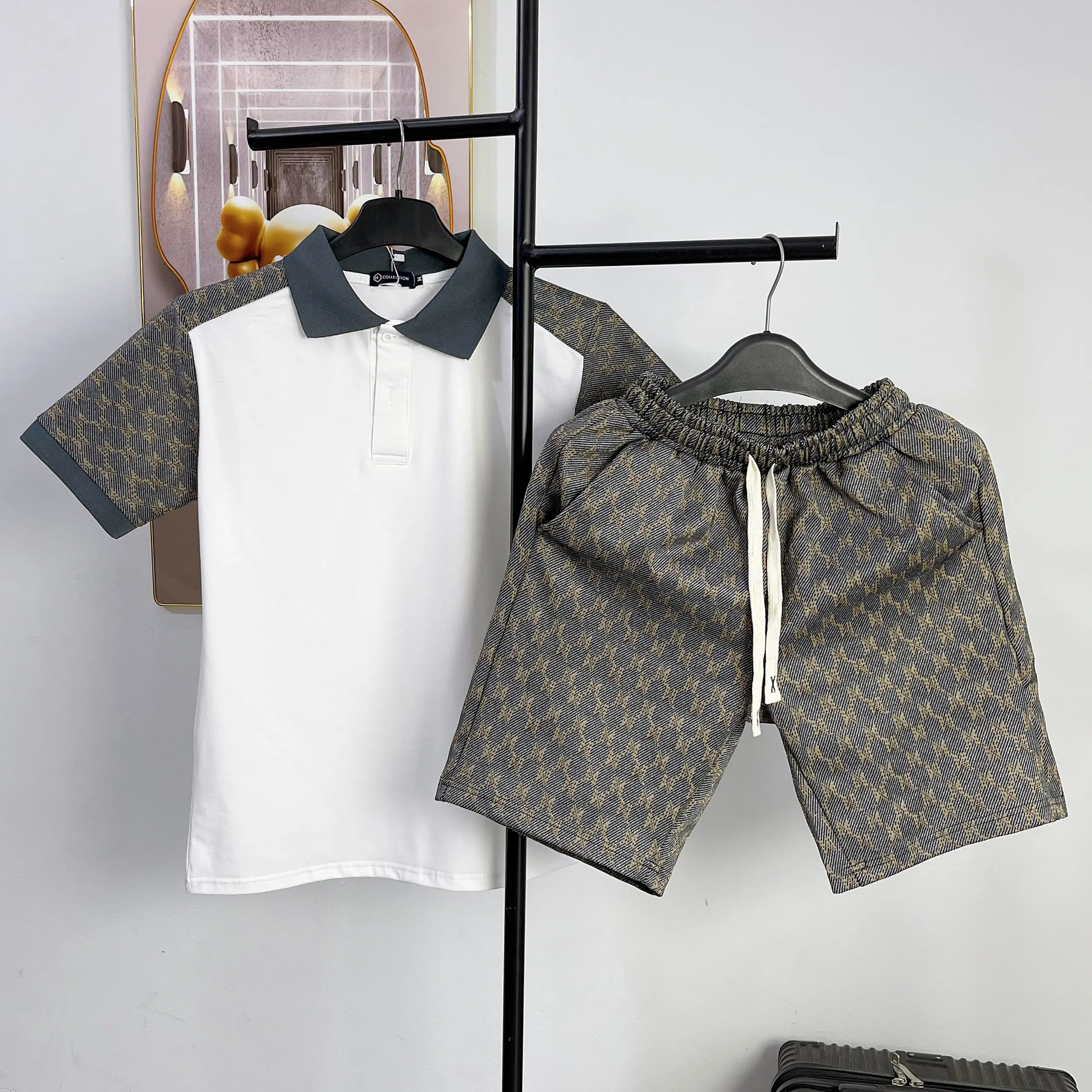 Bộ quần áo nam, set áo thun nam tay ngắn phối vai,quần short umi họa tiết chất vải mềm mịn mát Cotton Menswear
