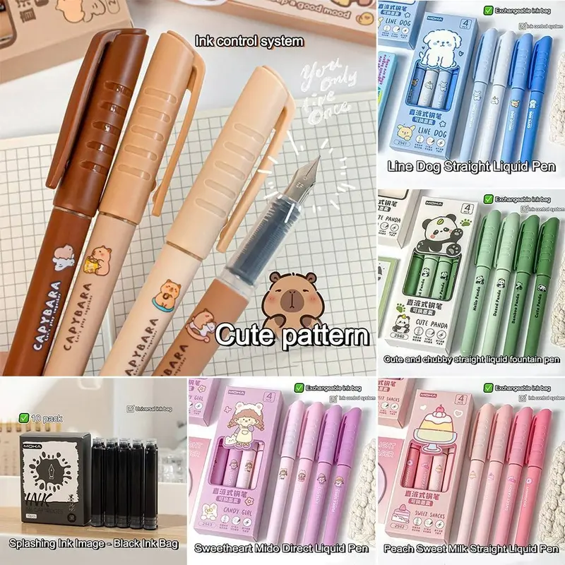 Bút Máy Capibara Đầu EF Dễ Thương, Bộ 4 Cái, Mực Có Thể Thay Thế, Mực Đen, Mực Khô Nhanh, Bút Máy Có Thể Nạp Lại Thích Hợp Để Học Tập, Đồ Trang Trí 0