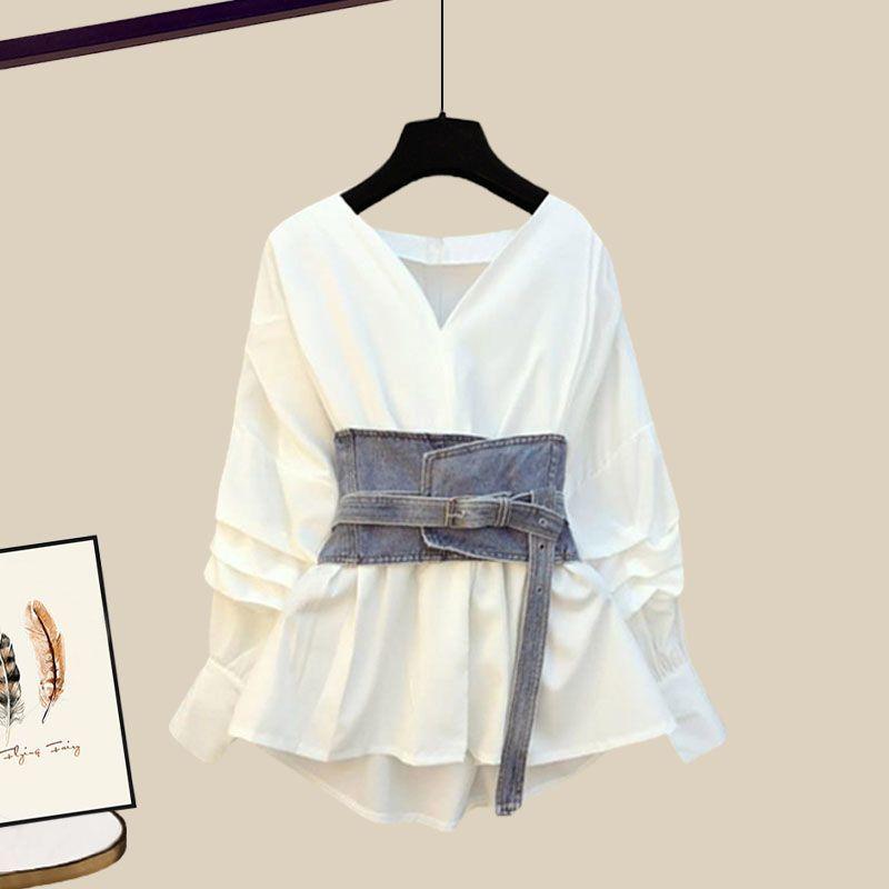 Product Introduction of Spring Suit Women's 2023 New Large Size Women's Clothing Design Sense Niche Waist Trimming Shirt Denim Skirt Two-Piece Set 4