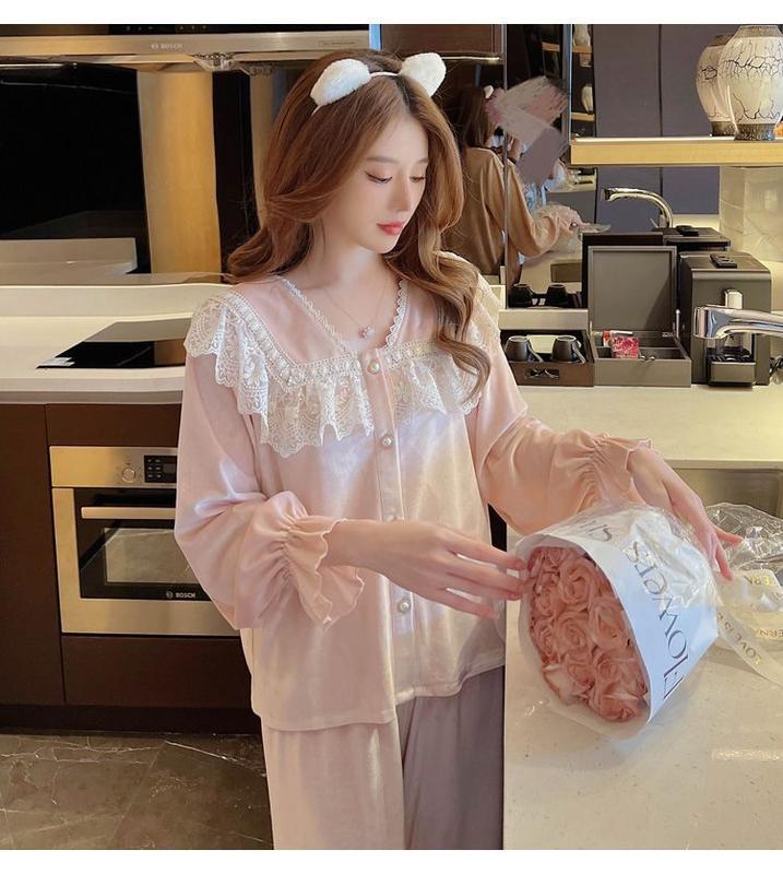 Product Introduction of Oootd-Đồ Ngủ Nhung Vàng Cho Nữ, Bộ Đồ Công Chúa Ren Mỏng, Quần Dài Tay, Áo Cardigan, Đồ Mặc Nhà, Mùa Xuân Và Mùa Thu, Mới 6