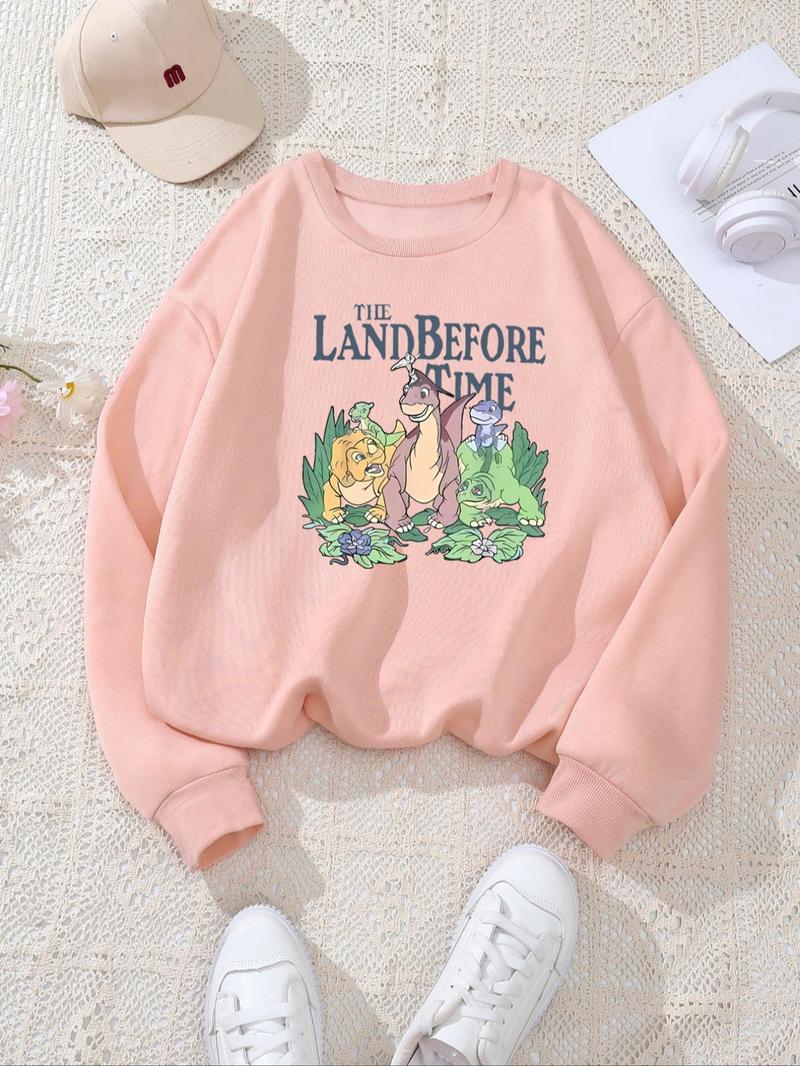 Product Introduction of Women's Cartoon Dinosaur Print Round Neck Sweatshirt, Fashion Casual Crew Neck Long Sleeve Pullover for Daily Wear, Ladies Fall & Winter Clothes 2