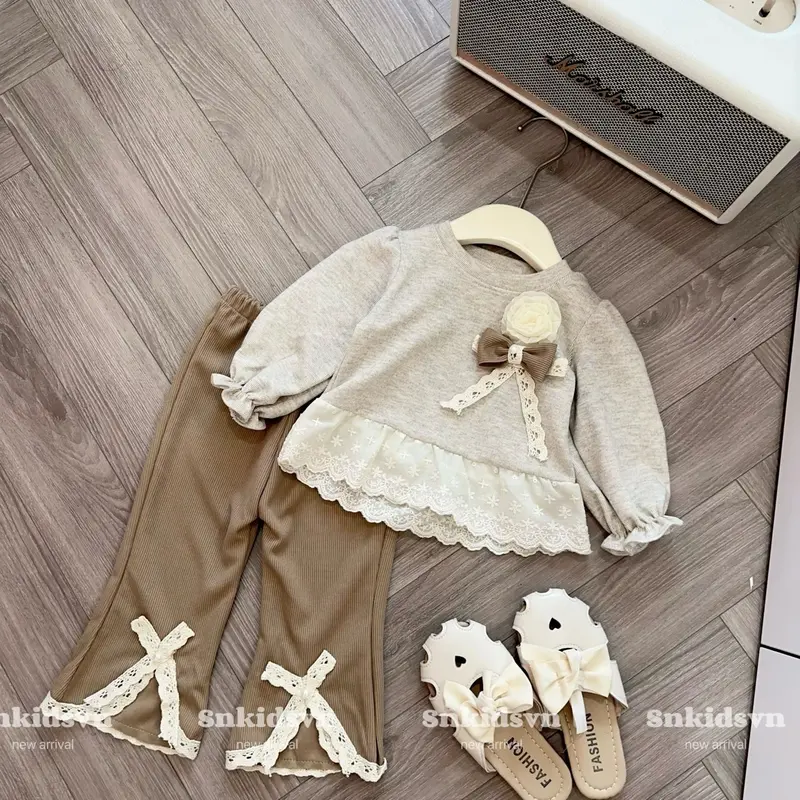 Bộ đồ bé gái áo đính HOA kèm quần ống loe phối ren xinh yêu Kem Cho Bé (10-21 kg) Heo 5