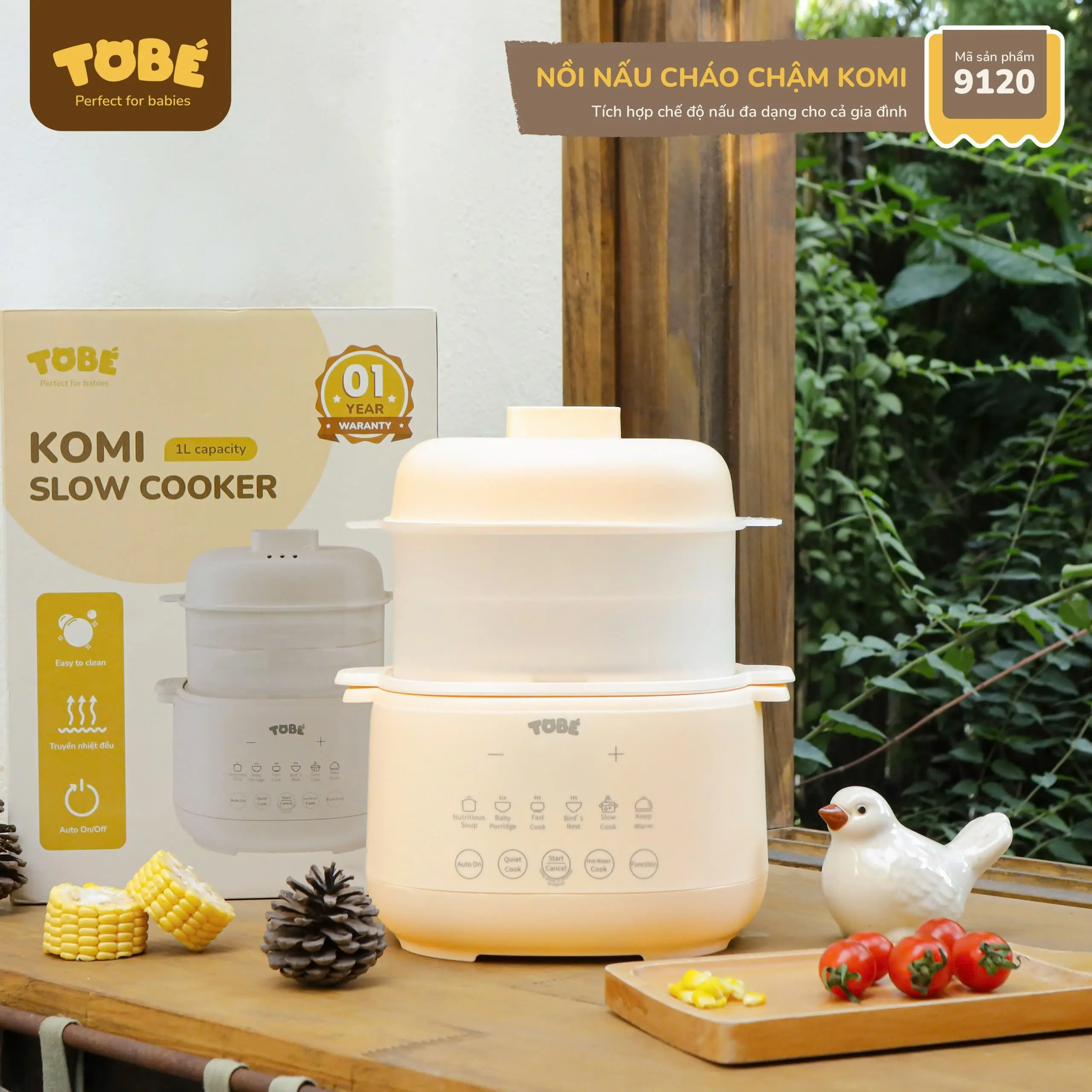 Nồi nấu cháo chậm Komi Tobe dung tích 1 lít cho bé kèm lồng hấp