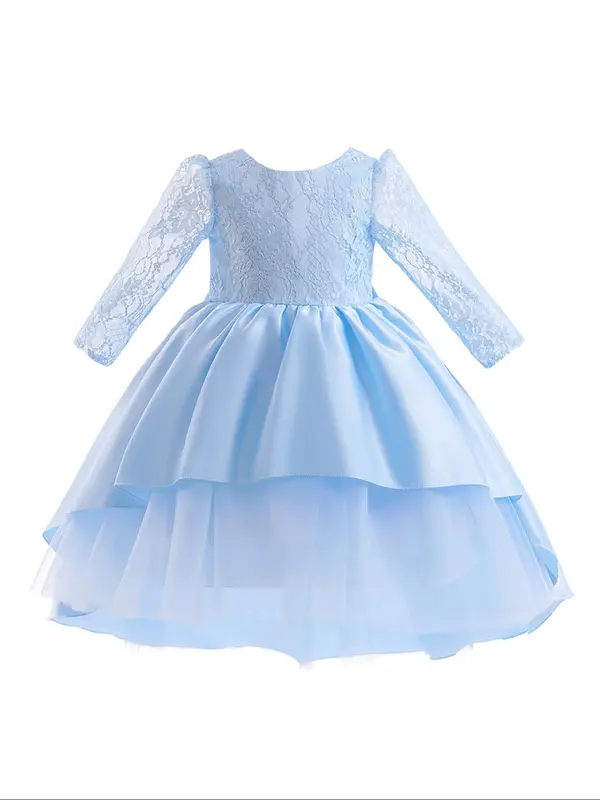 Girl's Contrast Lace Bow Decor Tiered Layer High Low Hem Satin Dress, Elegant Puff Sleeve Round Neck Midi Dress for Party Wedding Guest, Kids Clothes for All Seasons 0