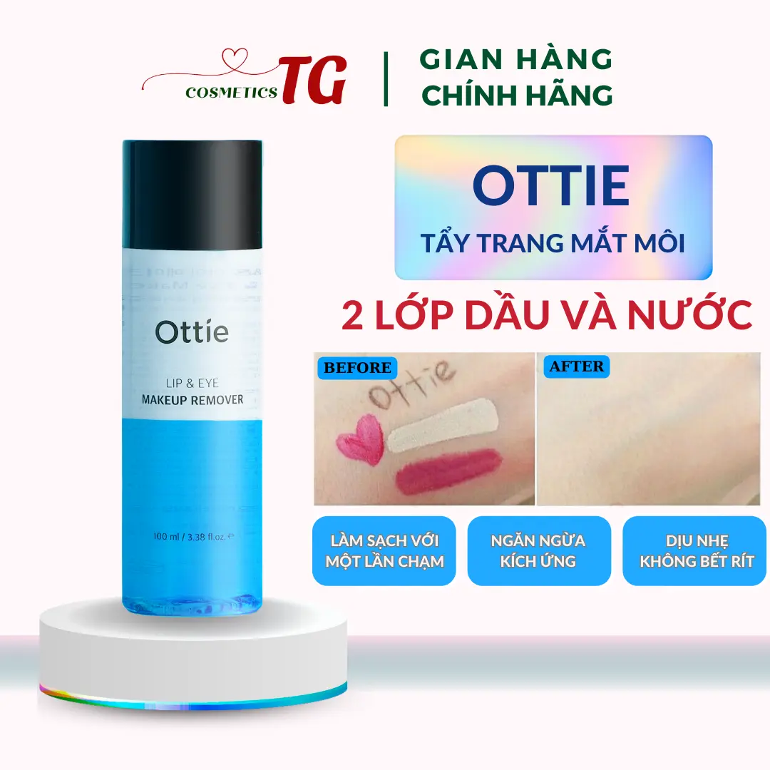 Tẩy Trang Mắt & Môi Ottie Lip＆Eye Makeup Remover 100ML - Nước Tẩy Trang Sạch Lớp Trang Điểm Cosmetic Mỹ Phẩm