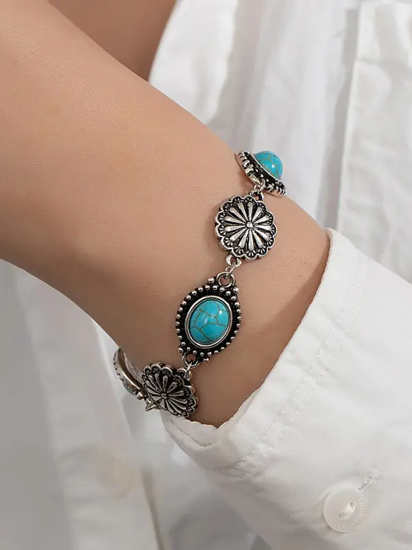 Boho Style Turquoise Texture Decorated Link Bracelet, Fashion Alloy Jewelry for Women & Girls, Style for Party, Daily Clothing Decor, Birthday Gift 0