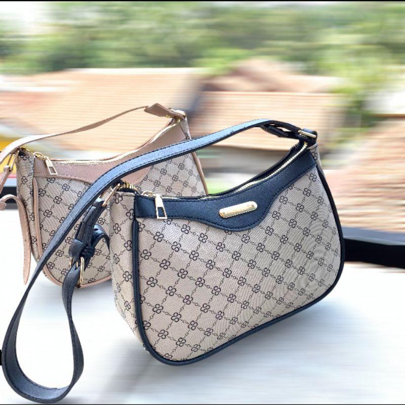 Tas Wanita Marcia Bag Elegan Handbag Wanita Selempang - Kulit PU - Black/Milo - 21x12x12cm - Slingbag 0