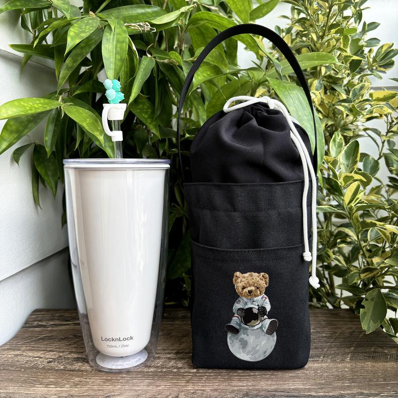 Túi đựng ly đựng bình nước bottle bag vải canvas đen in hình Teddy phi hành gia Hiany AB07 3