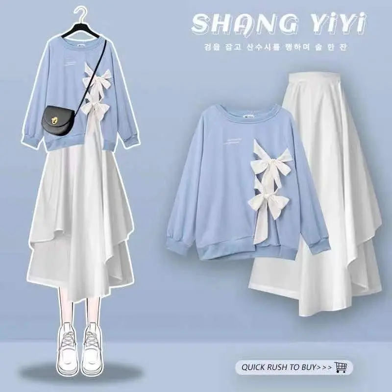 Bộ Đồ Hai Mảnh Cho Nữ, Phong Cách Preppy, Cỡ Cao Nhỏ Băng Quấn Nơ, Áo Len Và Váy Bất Đối Xứng Hàng Mới Về Mùa Thu 2024