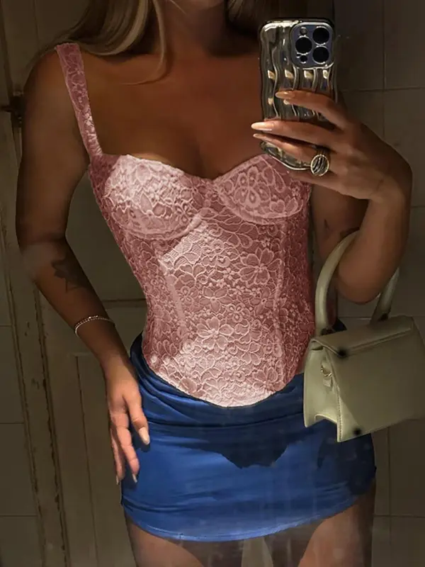 Women's Floral Lace Corset Structure Crop Tank Top, Summer Clothes Women, Fashion Casual Sleeveless Crop Top for Daily Outdoor Wear, Women Top for Summer, Womenswear, Slim Corset Tops Women 5