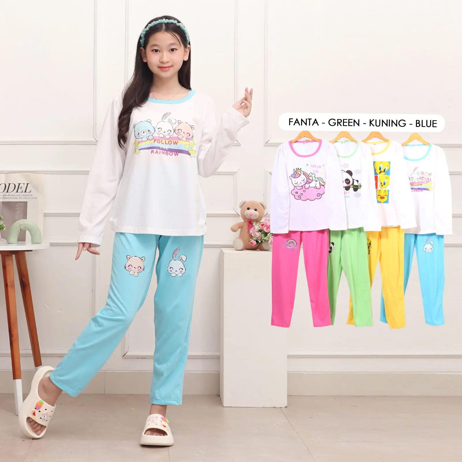 Kimchan Setelan Baju Tidur Piyama Anak Perempuan Motif Lucu 5-12 Tahun Celana Fashion