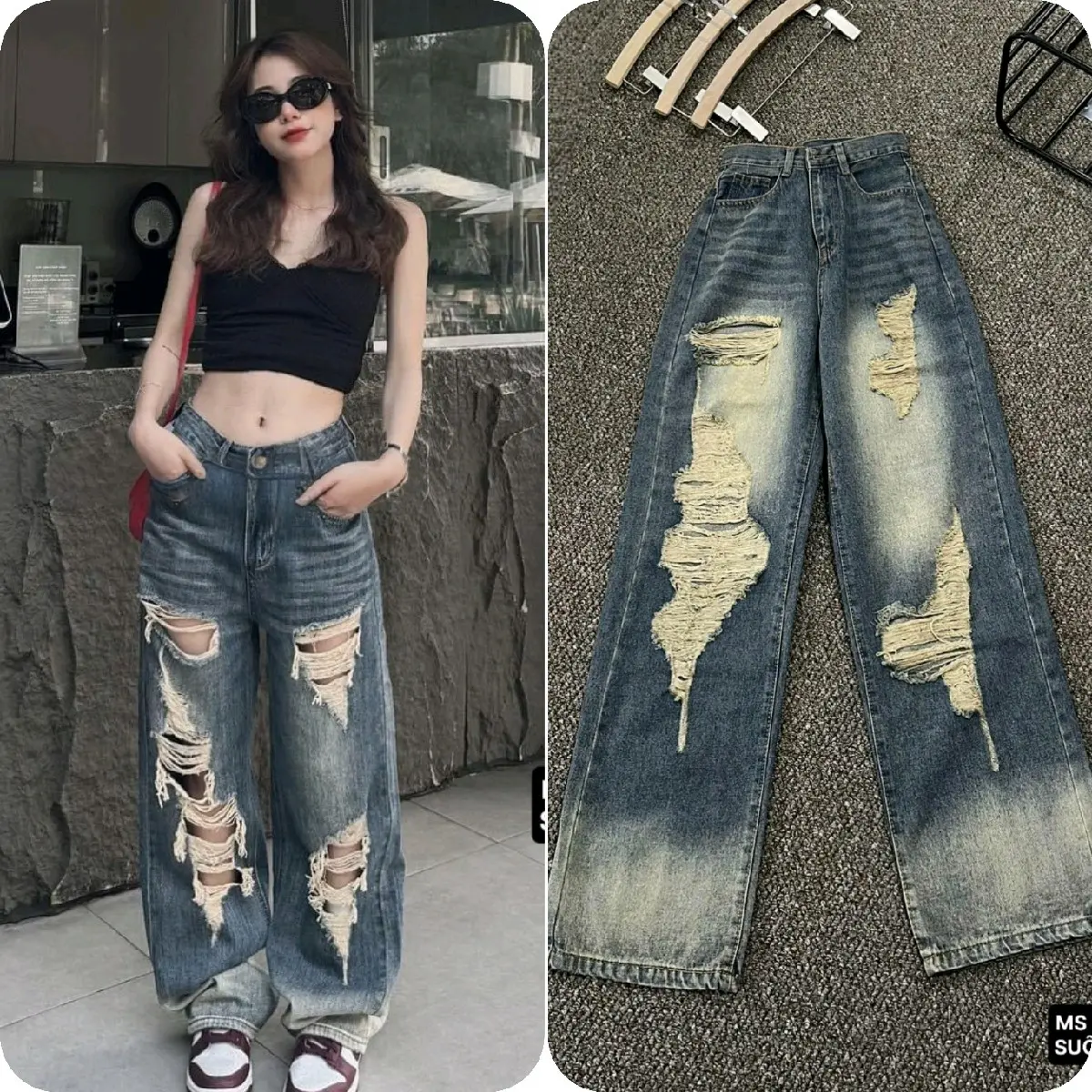 HD5703 quần jeans suông rách loang mới cá tính lưng eo cao hách dáng màu xanh