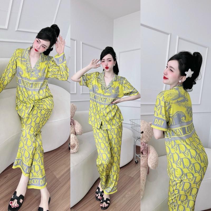 Đồ bộ pijama rừng vàng xanh sáng  lụa xước ánh kim có 2 size 40-60kg và 60-75kg Áo Quần Ngủ