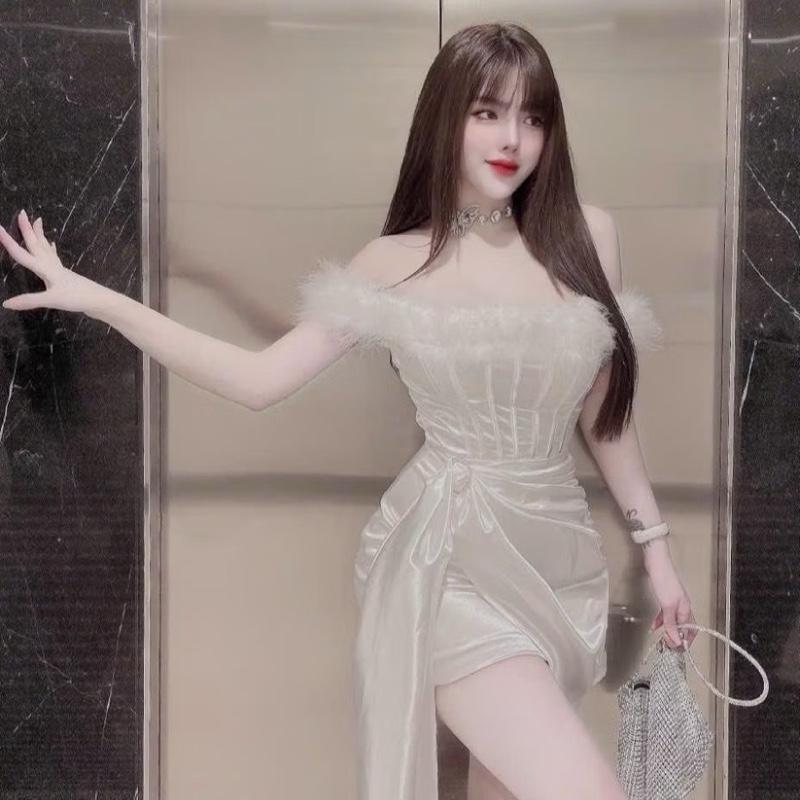 PHUONGBABI Váy dự tiệc cao cấp trễ vai gắn lông sang chảnh C1