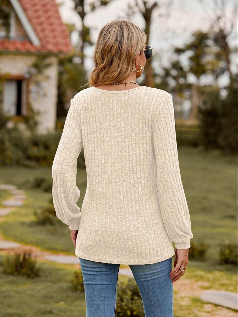 Product Introduction of Women's Plain Button Decor Ribbed Tee, Casual Long Sleeve T-shirt for Spring & Fall, Women's Top for Daily Wear 2