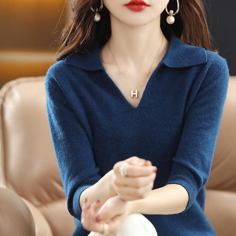 Áo Phông Nửa Tay Áo, Cổ Polo, Đồ Len, Dành Cho Phụ Nữ, Hàng Mới Về Mùa Xuân, Mũ Trùm Đầu Dáng Rộng Rãi, Áo Len Dễ Phối Đồ Ngắn, Áo Sơ Mi Lớp Cơ Sở, Áo Nữ 5