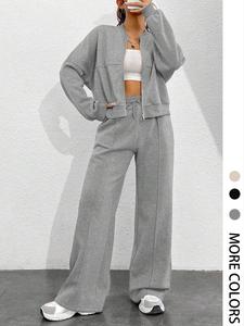 Women's Solid Color Zip Up Crop Jacket & Drawstring Waist Pants Outfits 2 Piece Set, Casual Fashion Cozy Breathable Two Piece Outfits Co-ord Sets for Daily Outdoor Wear, Women Clothes for Spring & Fall A Norma Kamali Sweatsuit