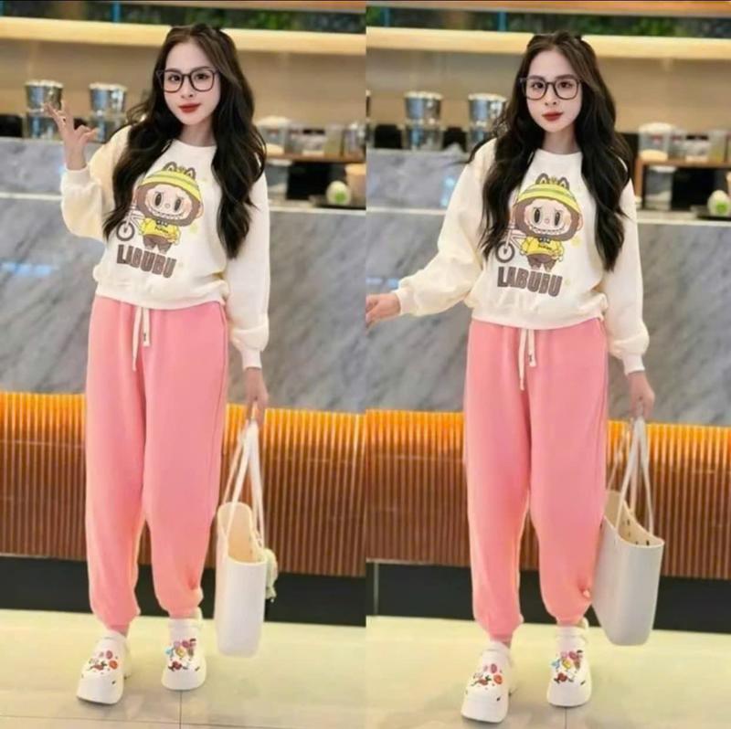   Có Big Size  Set Đồ Bộ Nỉ Nữ Labubu Thu Đông Chất Liệu Nỉ Cotton Mềm Mại Không Bai Xù 