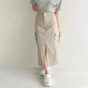 Rok Cargo Skirt Belah Depan Jumbo American Drill Korean Style Bawahan Wanita / Rok Span wanita Casual  Panjang Nyaman Maxi