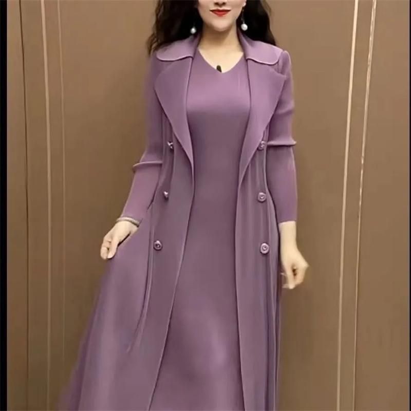 Product Introduction of 2024 Spring Autumn Fake Two-piece Dress Women Fashion Casual Fake Windbreaker Plus Size Waistband Dresses Female Mid-Long Fake Cardigan Jacket Dress Vestidos 15