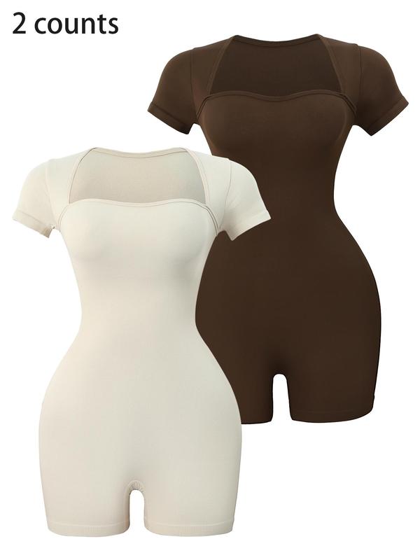 Women's Basic Square Neck Sports  Romper, Pickleball & Tennis Clothes, Lady Sporty Back To School Short Sleeve Ribbed Romper, Ladies   Minimalistic Clothes for Indoor Outdoor Wear, Womenswear 2