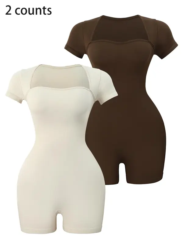 Women's Basic Square Neck Sports  Romper, Pickleball & Tennis Clothes, Lady Sporty Back To School Short Sleeve Ribbed Romper, Ladies   Minimalistic Clothes for Indoor Outdoor Wear, Womenswear 2
