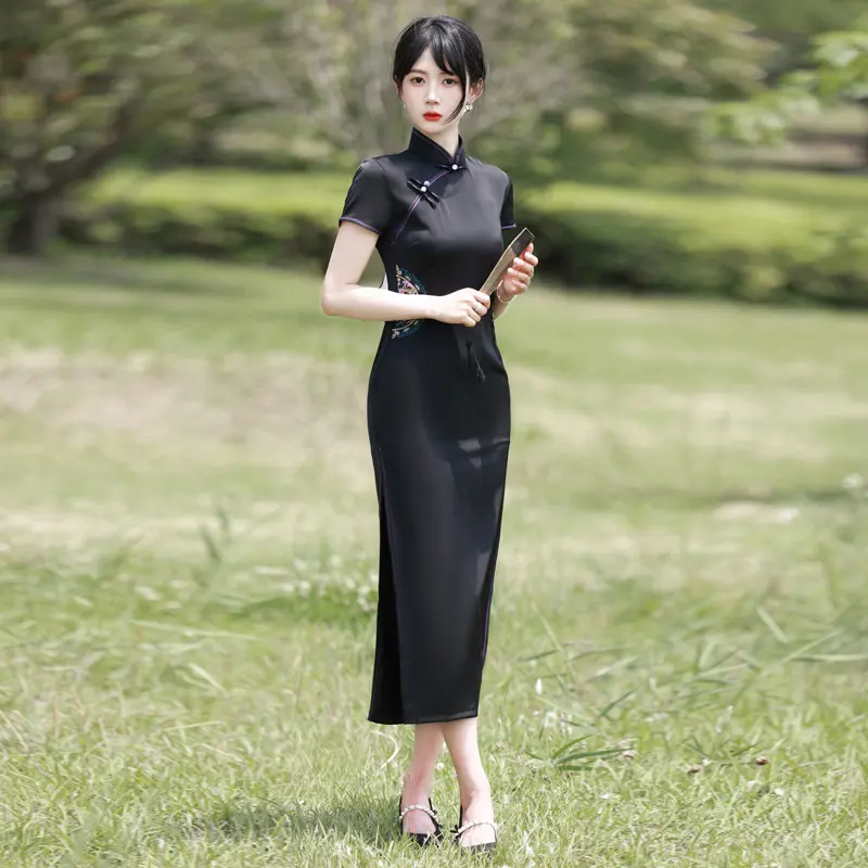 Sườn Xám, Phong Cách Cũ Trung Quốc Đại Lợi, Màu Đen, Hàng Mới Về Mùa Thu 2024, Phong Cách Trẻ Trung, Thích Hợp Mặc Hàng Ngày, Váy Thanh Lịch, Dành Cho Nữ Women Dress Tre