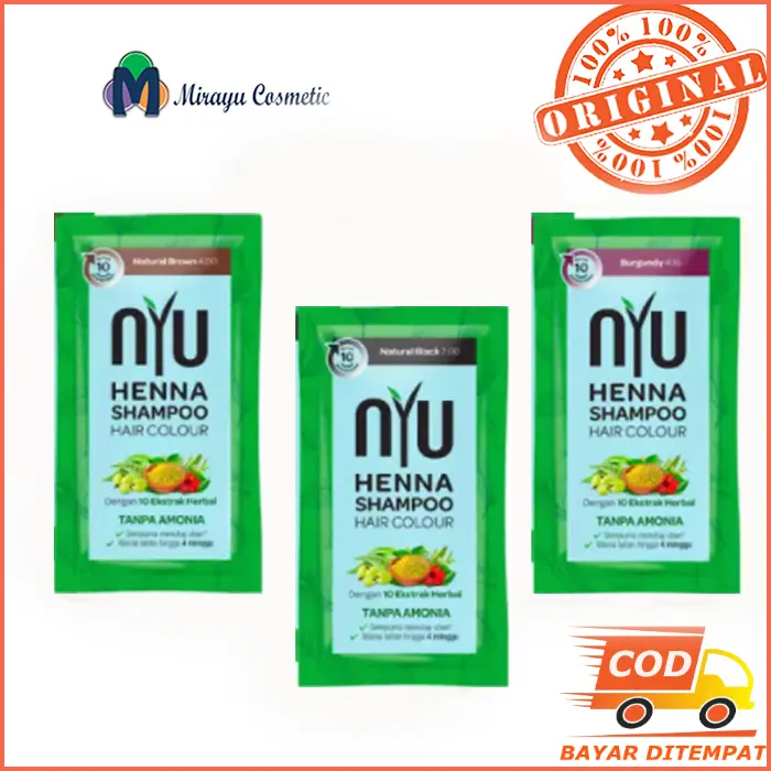 NYU Henna Hena Shampoo Shampo Hair Colour Cat Pewarna Rambut Natural Brown Burgundy Hitam Sachet Kering Dye