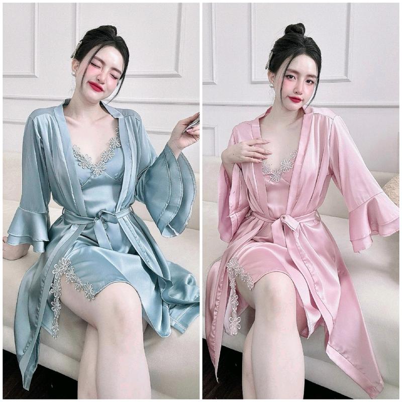 Set váy ngủ 2 dây kèm áo choàng lụa tơ mịn mát có mút rời - Đồ ngủ nữ mặc nhà sang chảnh women ren Màu Trơn Kem Dress Xanh Váy Ngủ Voi Sen Hoa Sen Voan váy  ngủ