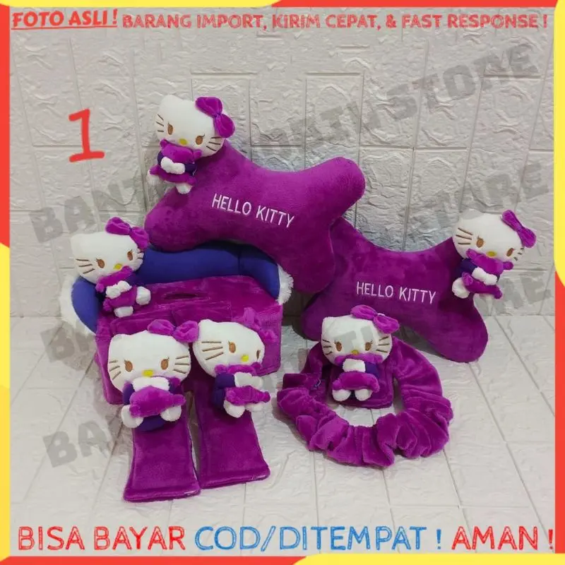 SET CAR BANTAL SANDARAN HEADREST JOK KEPALA LEHER TISU TISSU TISUE TISSUE SAFETY BELT SABUK PENGAMAN KURSI TRAVEL TRAVELING TRAVELLING STIR MOBIL BONEKA KARAKTER KUCING CAT HELLO KITTY UNGU PUTIH 4 V