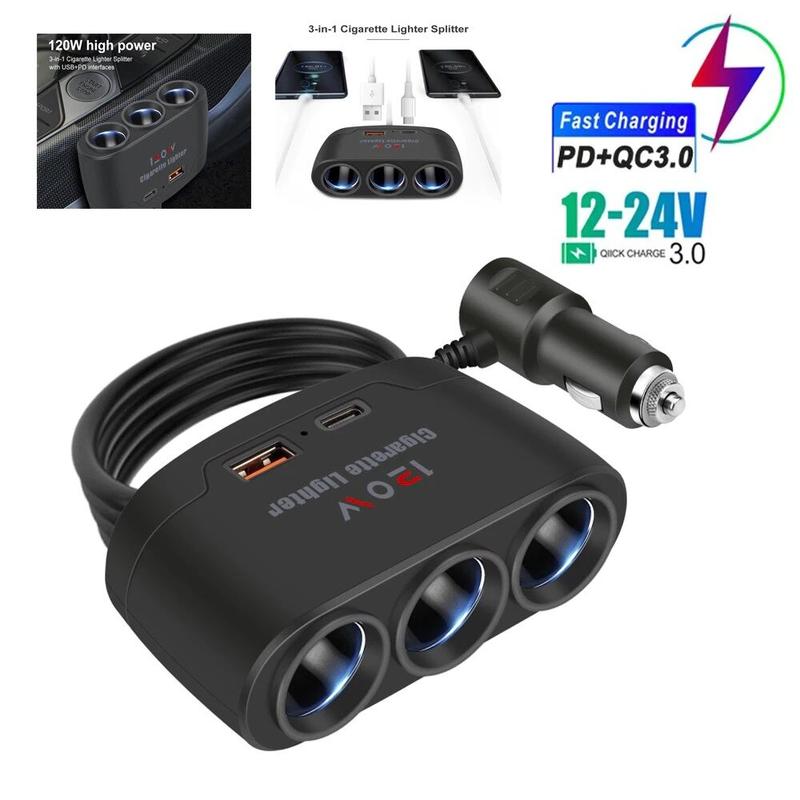  Bộ sạc ô tô Bộ chuyển đổi 12V 24V 3 Ổ cắm bật lửa  Bộ chia USB kép LED xe hơi Sạc nhanh cho iPhone iPad GPS Dashcam 