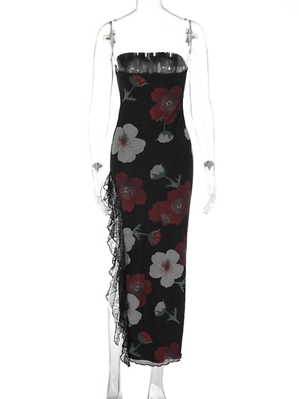 Women's Floral Print Contrast Lace Split Thigh Bodycon Tube Dress, Elegant Fashion Backless Long Dress for Party Club Dating Wear, Women Dress for Summer 6