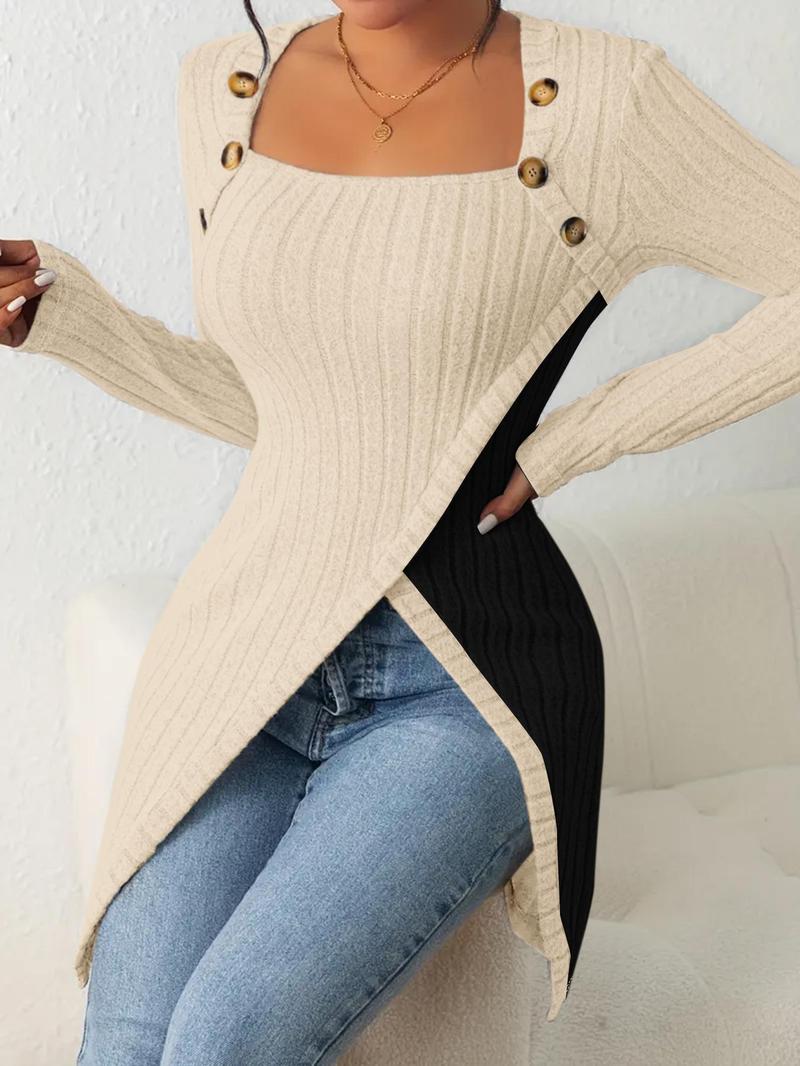 Product Introduction of Women's Colorblock Wrap Button Split Hem Ribbed Tee, Elegant Long Sleeve Square Neck T-shirt for Daily Wear, Ladies Clothes for All Seasons, Knitted Tops 6