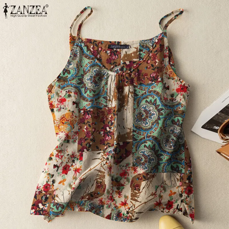 ZANZEAStore  * Womens Vintage Spaghetti Strap Floral Camisole Vest Bohemian Cotton Linen Tee NEW