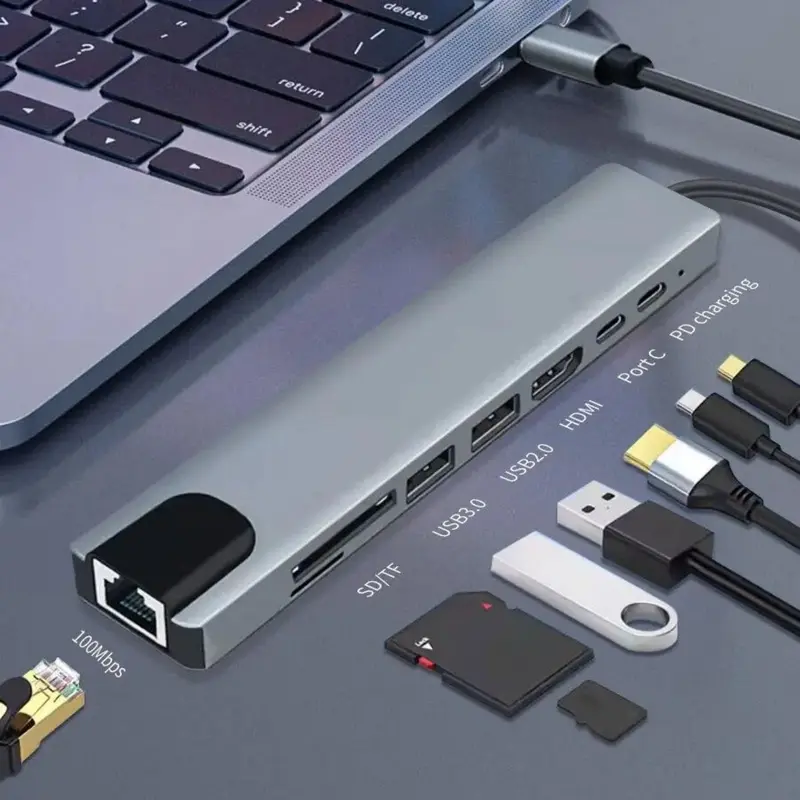 Hub USB C, Bộ Chuyển Đổi 8 Trong 1 Type C 3.1 Sang 4K HDMI, với đầu đọc thẻ RJ45, SD / TF, Sạc Nhanh PD, Tương thích với MacBook, Máy tính xách tay, Máy tính xách tay 7
