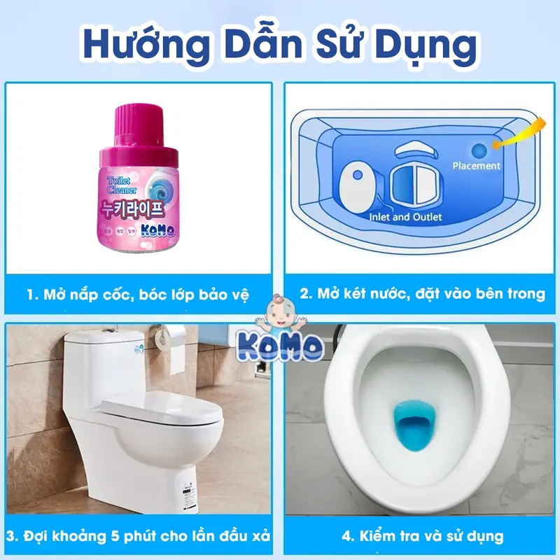 Combo 04 Cốc Thả Bồn Cầu KoMo Sáp Tan Chậm 2400 Lượt Xả Hương Hoa Oải Hương Diệt Khuẩn Làm Sạch KoMo Toilet Cleaner 1
