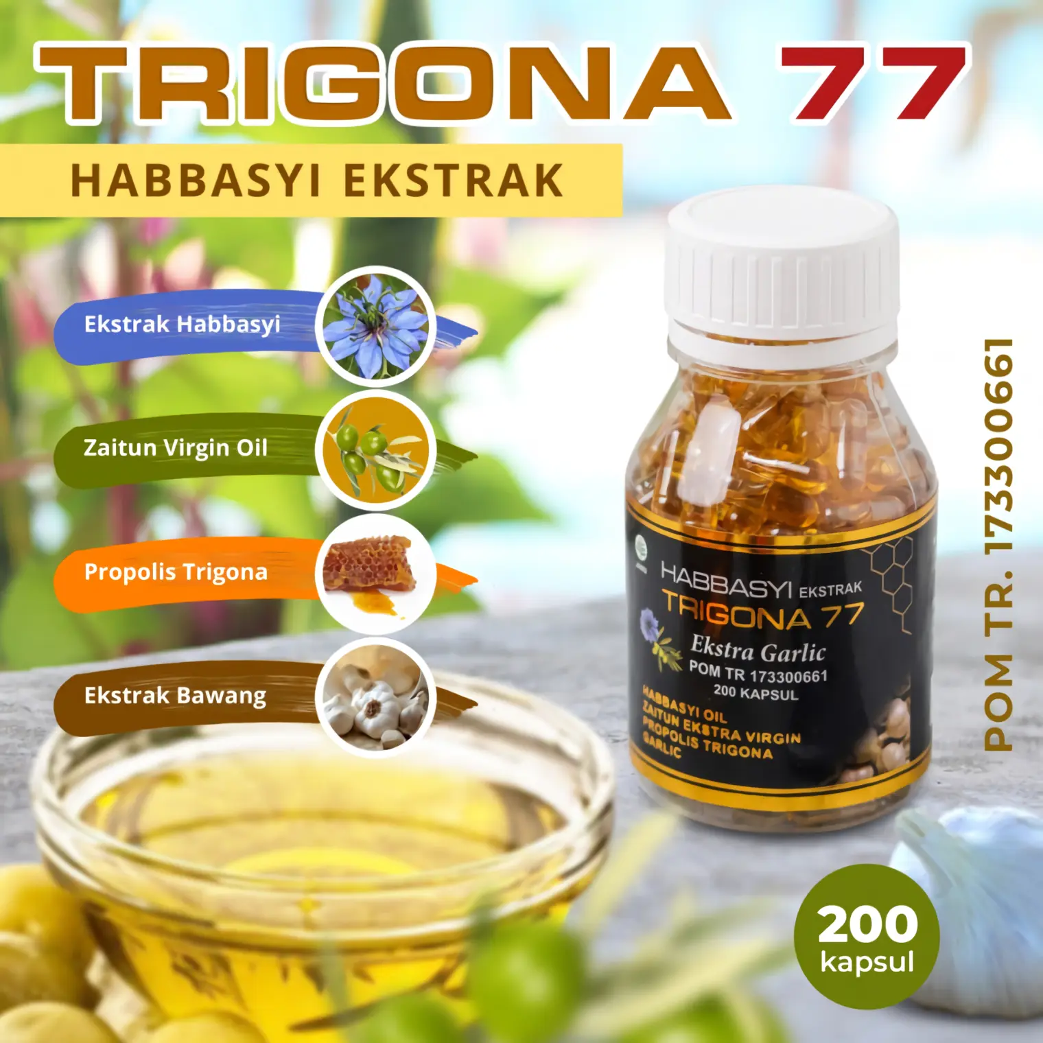 (200 Kapsul) Habbasyi Trigona 77 Kapsul Minyak Habbatussauda Plus Zaitun Propolis Garlic