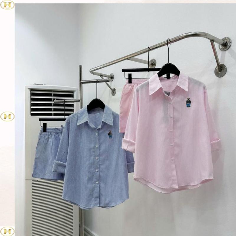 [Có tách lẻ] Set Bộ kẻ sọc thêu cún gồm áo sơ mi và quần đùi chất thô mềm, có túi, size 40-60kg, hot trend xuân hè 2025 - Top WomenStore 5