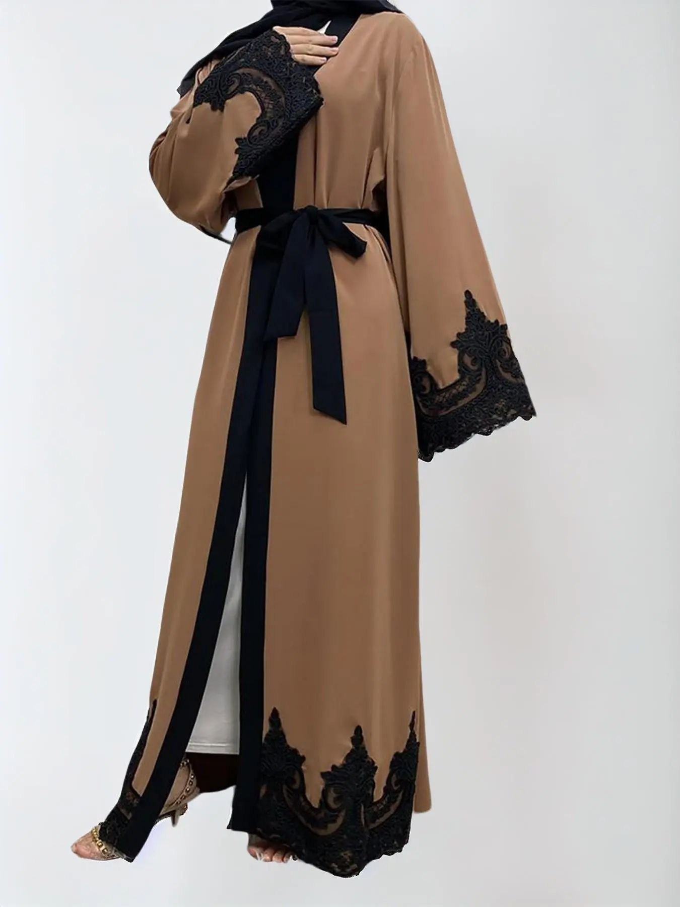 Arabic Clothing-contrast Lace Long Sleeve Belted Abaya, Closed Abayas for Women, Modest Fashion Contrast Binding Arabic Robe, Abayas for Women, Abayas for Eid, Modest Clothes, Summer Outfits 2024