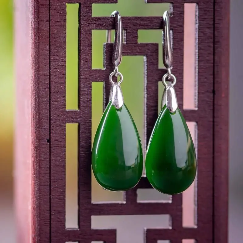 Móc Tai, Bạc Nguyên Chất S925, Ngọc Bích Hòa Điền Bông Tai Dài, Thanh Lịch, Hình Giọt Nước, Đơn Giản Và Dễ Phối Đồ Hiệu Ứng Bó Sát Khuôn Mặt