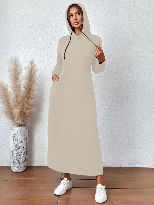Women's Simple Plain Drawstring Drop Shoulder Hooded Long Dress, Casual Pocket Long Sleeve Dress for Fall & Winter 5