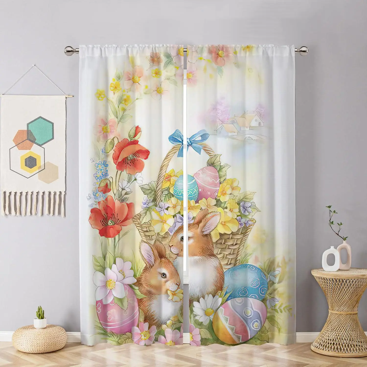 Easter Egg & Rabbit Pattern Door Curtain, 2 Counts/set Cute Cartoon Pattern Door Curtain, Home Decor for Living Room Bedroom